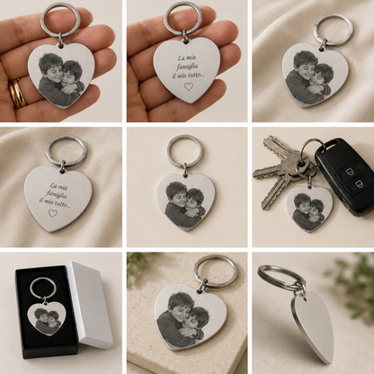 Portachiavi a Cuore Personalizzato con Foto Incisa e Dedica